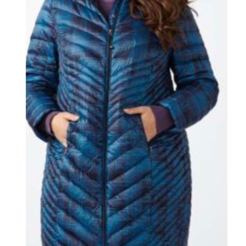 DOWN & FEATHER JACKET, LONG LENGTH, MYKONOS BLUE, SIZE 5X, PACKABLE, FOR COLDER